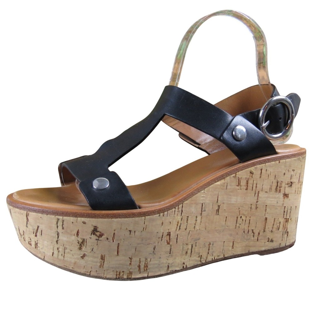 Frye Dahlia Rivet Women 8.5 Black Leather Wedge Sandal Cork Platform Italy